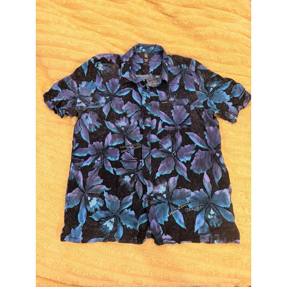 Volcom Hawaiian Shirt Youth 14 XL Black Blue Purple Floral Skate Surf SS